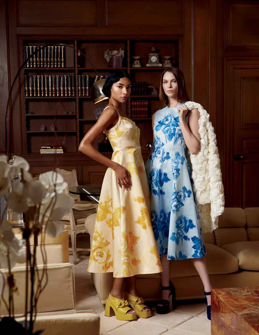 62 Hl2023 05 042 1. Breck And Dana Wear Dresses By Emilia Wickstead, Ivory Taffeta Coat By Erdem, Chunky Lime Heel By Stella Mccartney And Navy Platform Heel By Laurance Decade All From Ikram