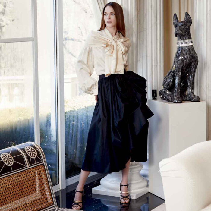 62 Hl2023 05 045 4. Breck Wears Tie Neck Blouse By Balenciaga And Black Taffeta Skirt By Alexander Mcqueen By Neiman Marcus, Stappy Heel Shoes By Laurence Dacade From Ikram