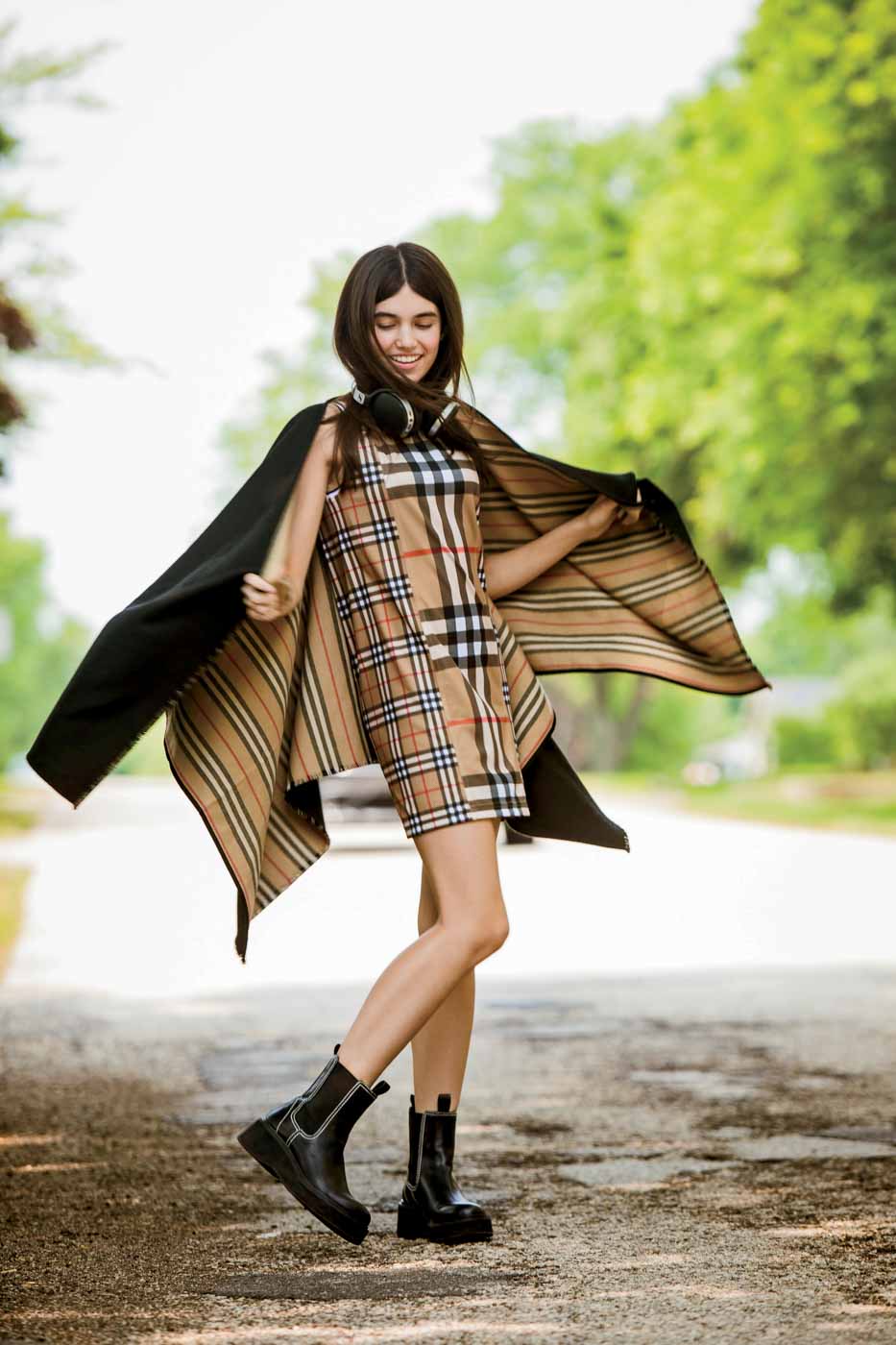 50 Bc2023 08 026 Ready For Upcoming Parties. Sela Eden Anderson In Burberry Cape And Dress. Neimanmarcus.com