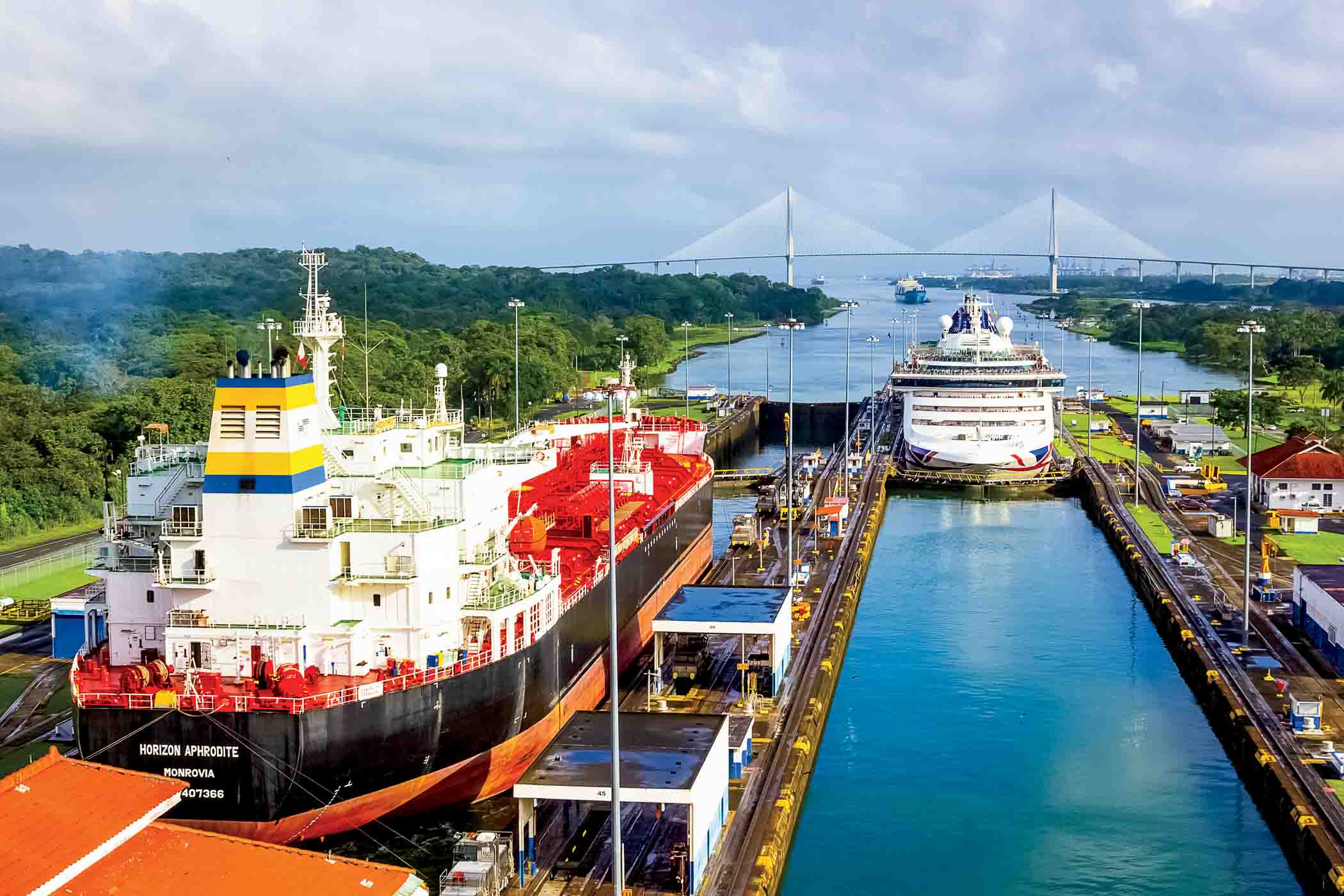 A Cargo Ship Entering The Miraflores Locks In The Panama Canal