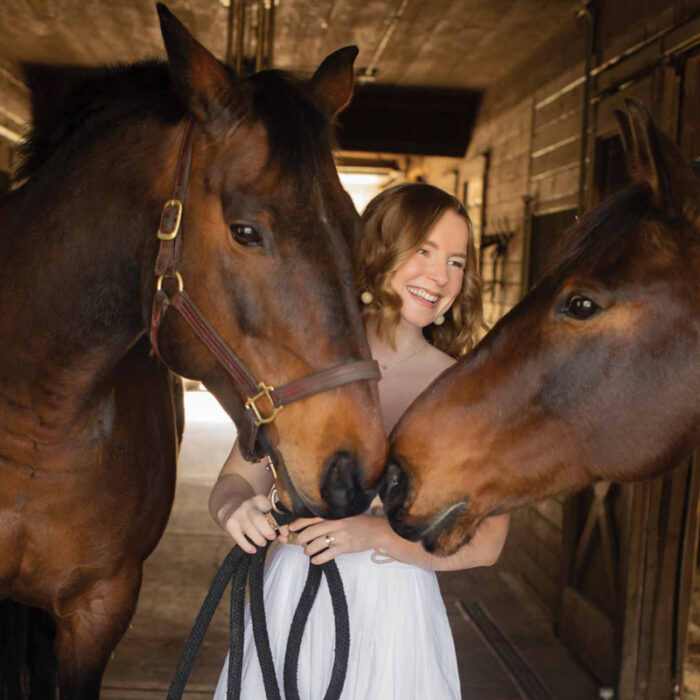24 Fiona Cutter Wearing Ramy Brook Dress With Her Horses, Joe And Kyd, Neimamarcus.com