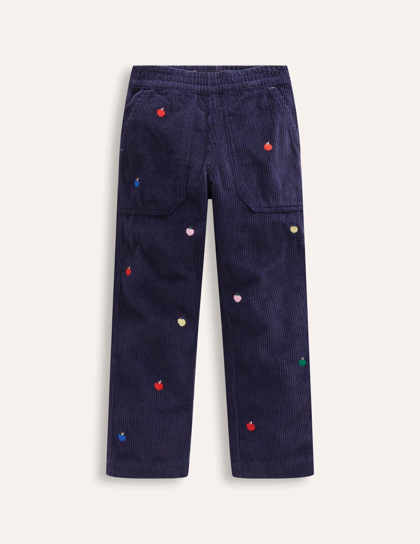 22 Mini Boden, Embroidered Pull On Trousers In College Navy Apples, Boden.com