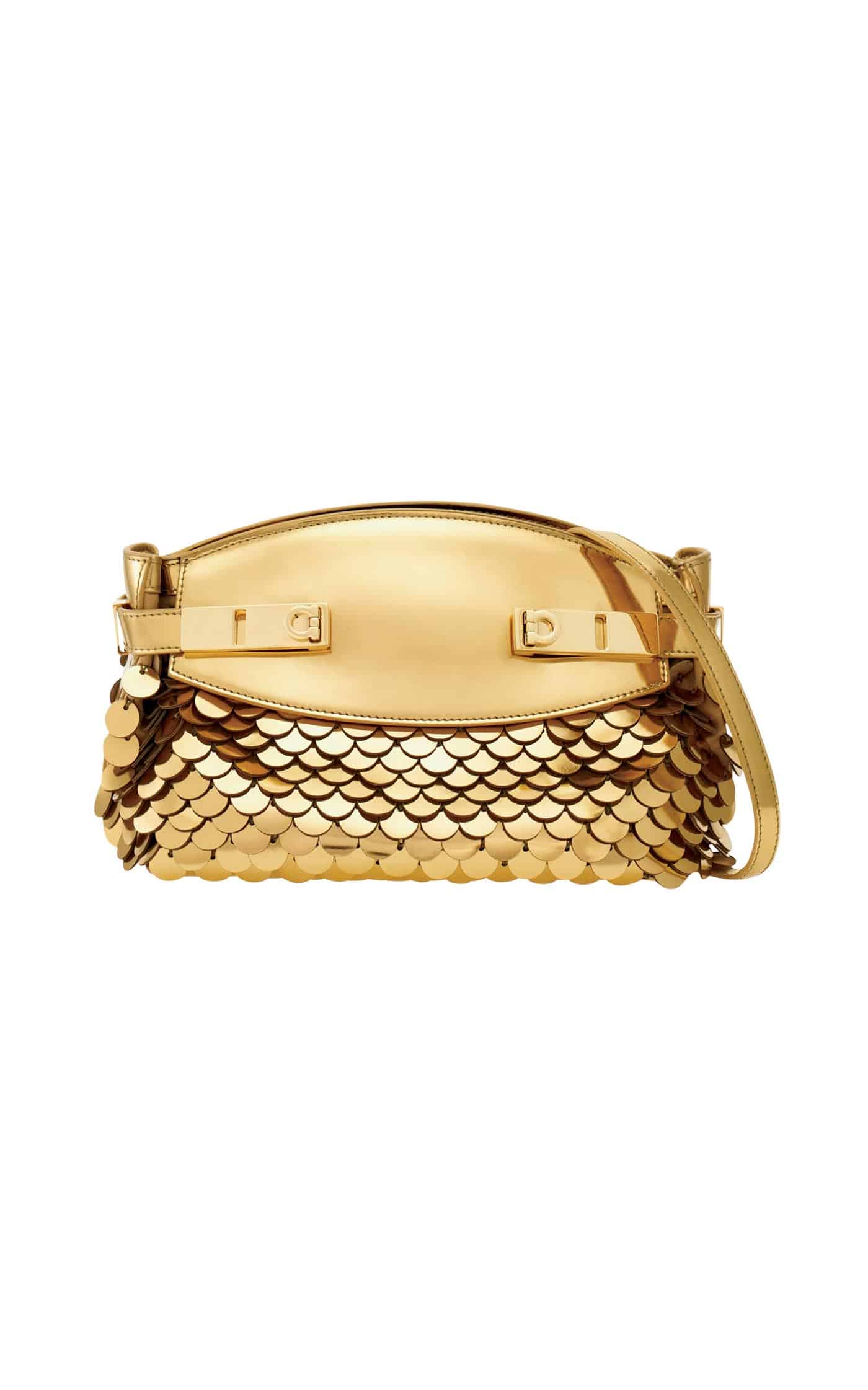 34 Sr2024 11 069 Ferragamo Gold Paillette Mini Hug Clutch, Modaoperandi.com