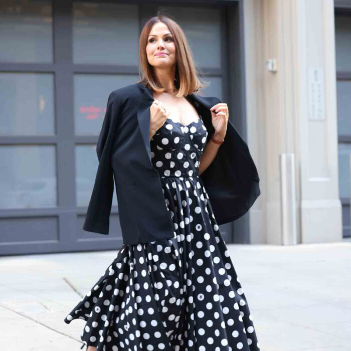 26 Jacqui Anderson Wearing Dolce & Gabbana Polka Dot Dress And Blazer, Neimanmarcus.com