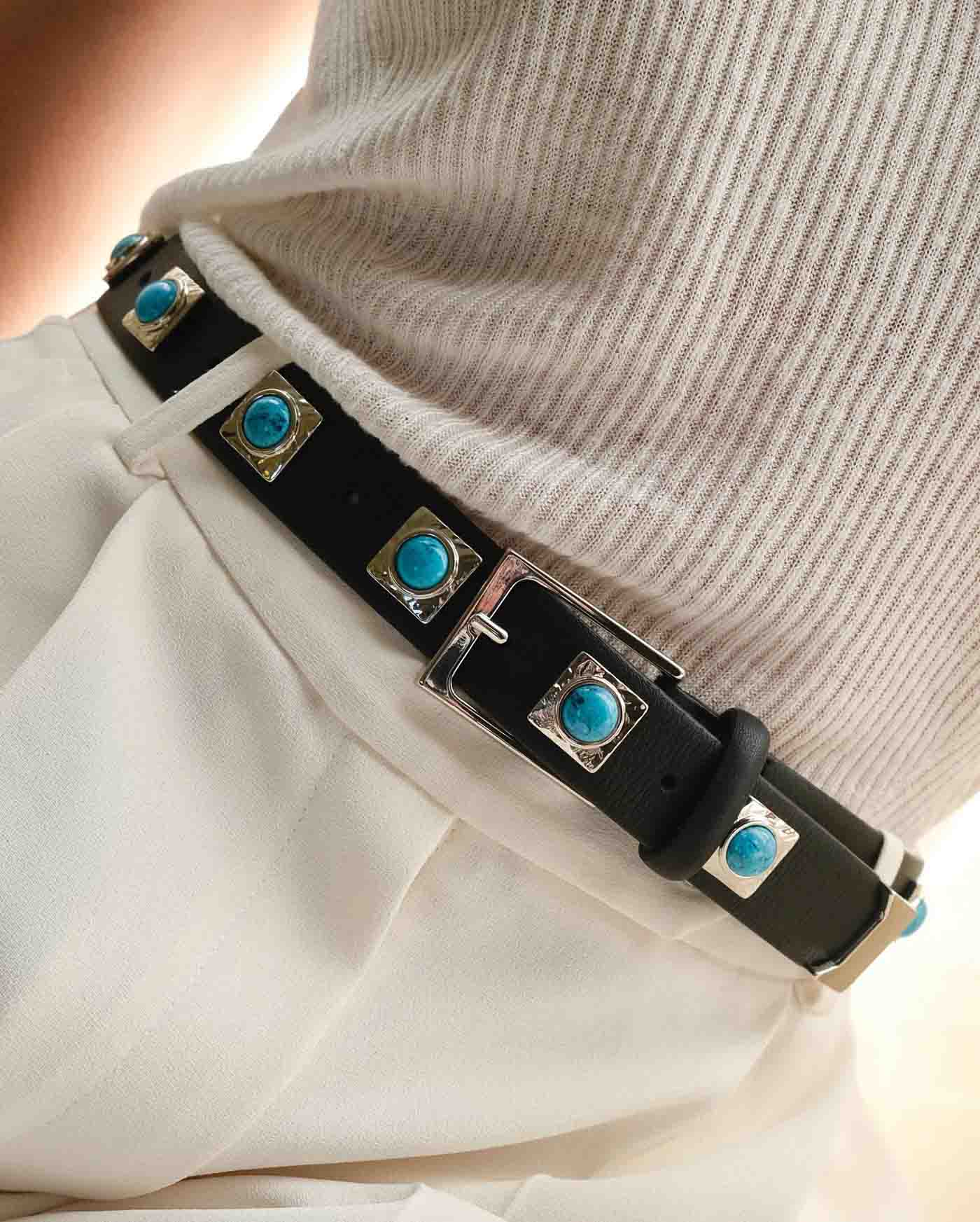 62 9 Aureum No.2 Belt Black & Turquoise Studded