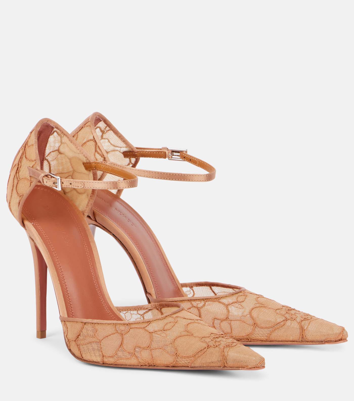 48 Amina Muaddi, Barbara 105 Satin Trimmed Lace Pumps, Mytheresa.com