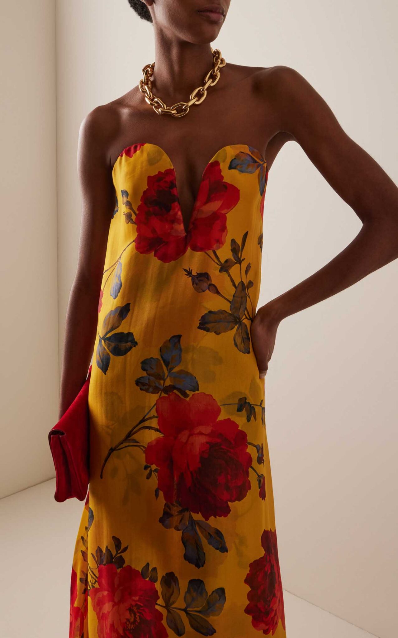 32 Large Carolina Herrera Yellow Strapless Stemmed Rose Printed Crepe Gown 2