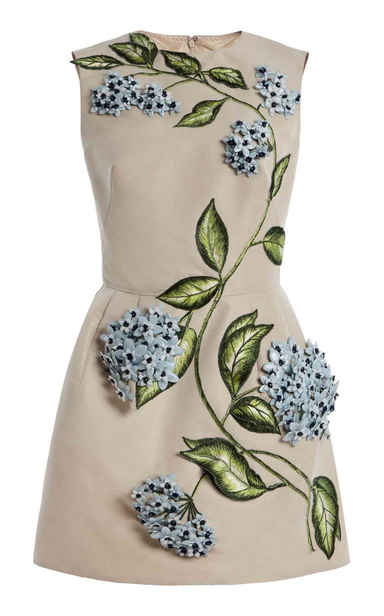 32 Large Oscar De La Renta Tan Porcelain Flowers Embroidered Faille Cocktail Dress