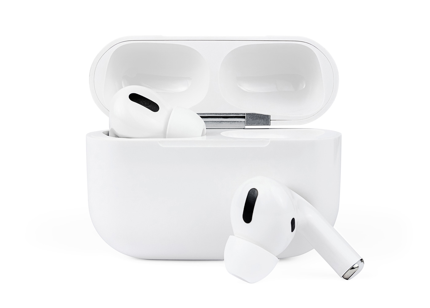Wireless In Ear Headphones With Charging Case Isolated On White Background. White Glossy Wireless Sport Headphones With Charging Box. Close Up View.