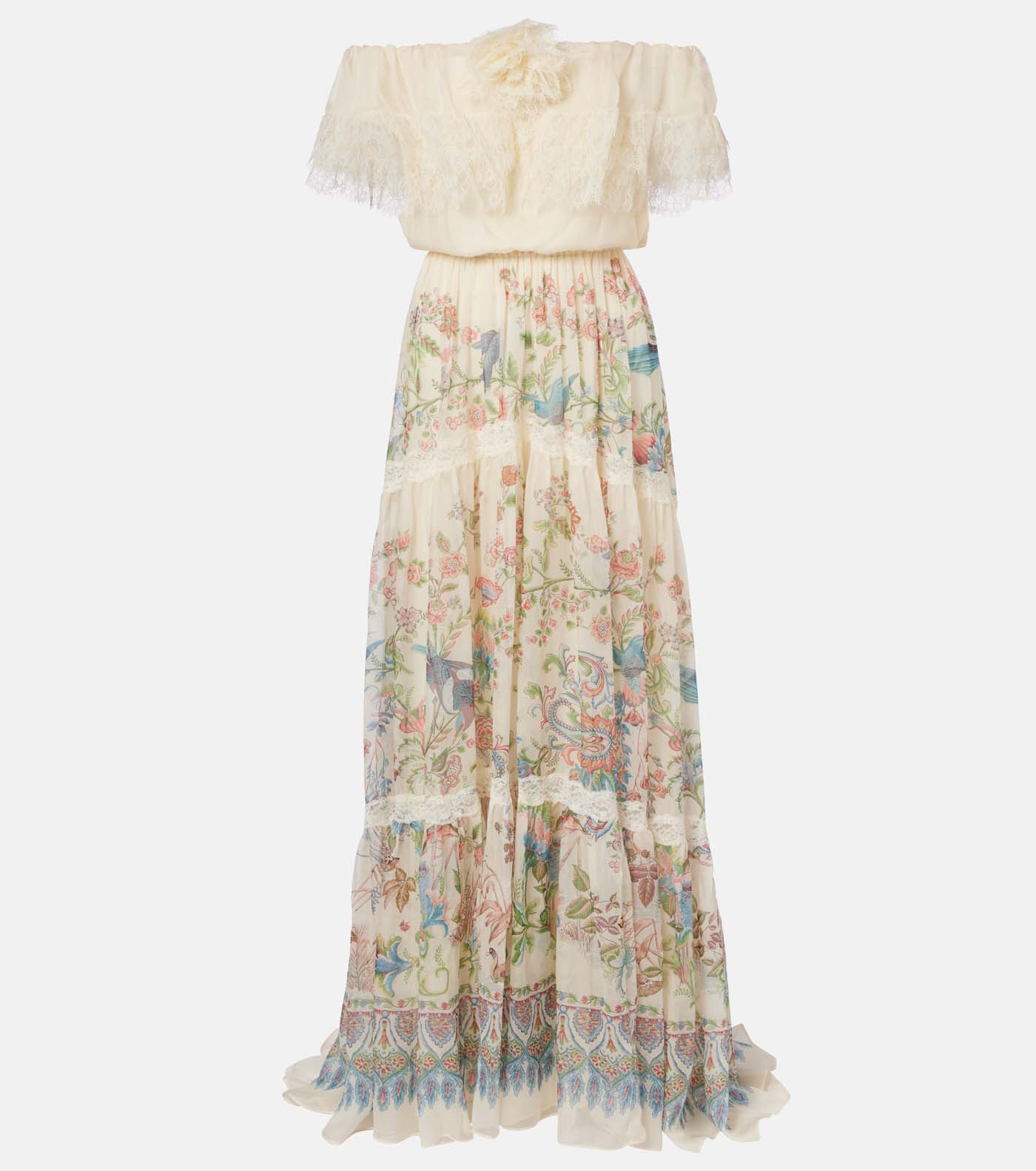 36 Etro Lace Trimmed Printed Off Shoulder Silk Maxi Dress, $7,020, Mytheresa.com