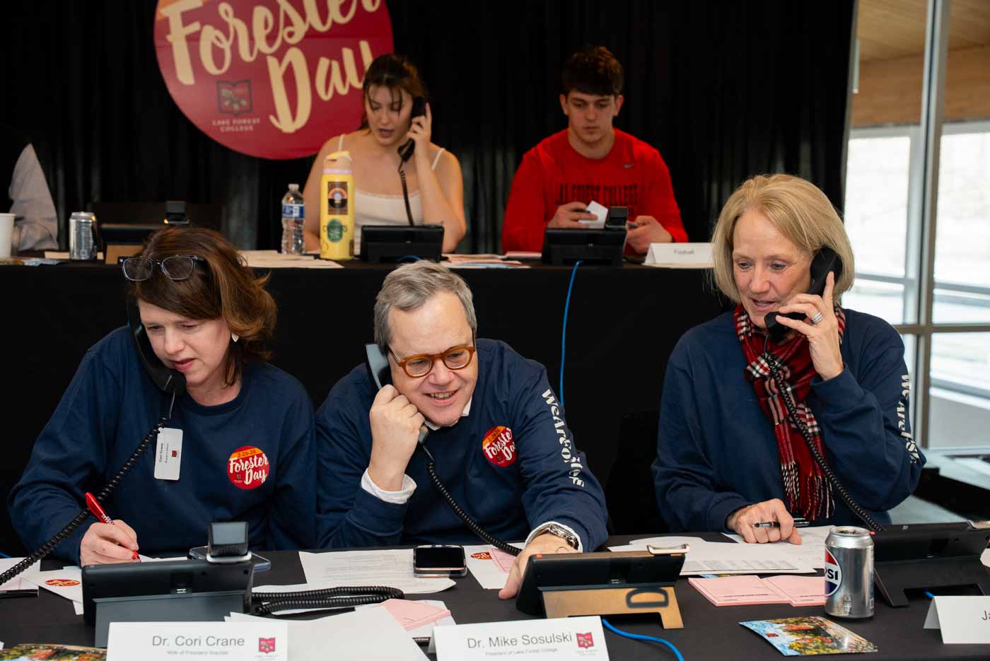 17 Cori Crane, President Sosulski, And Vice President For Career Advancement And Community Engagement Jackie Slaats Answer Phone Calls From Donors During Forester Day.