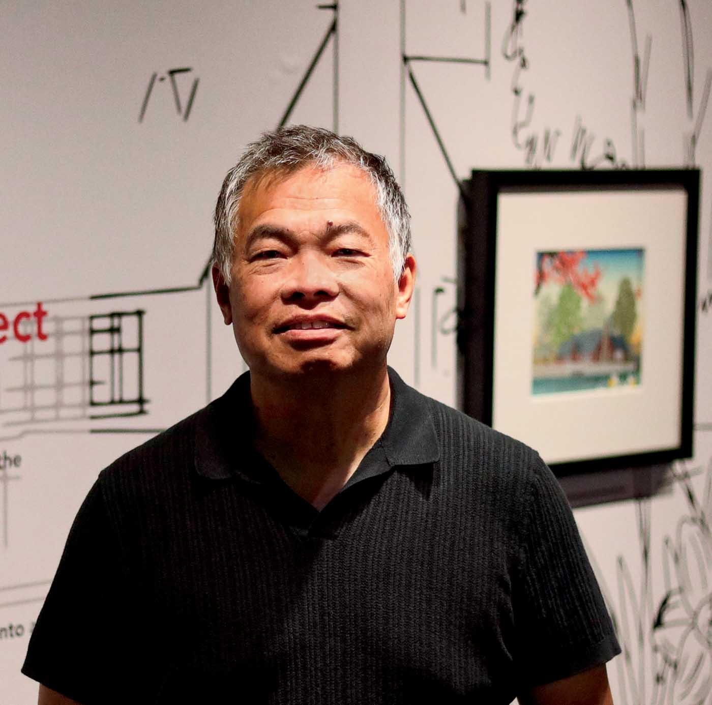 66 Rich Lo In Front Of Waves Of Dupage Display At Hokusai Exhibition. Photo Courtesy Of Cod