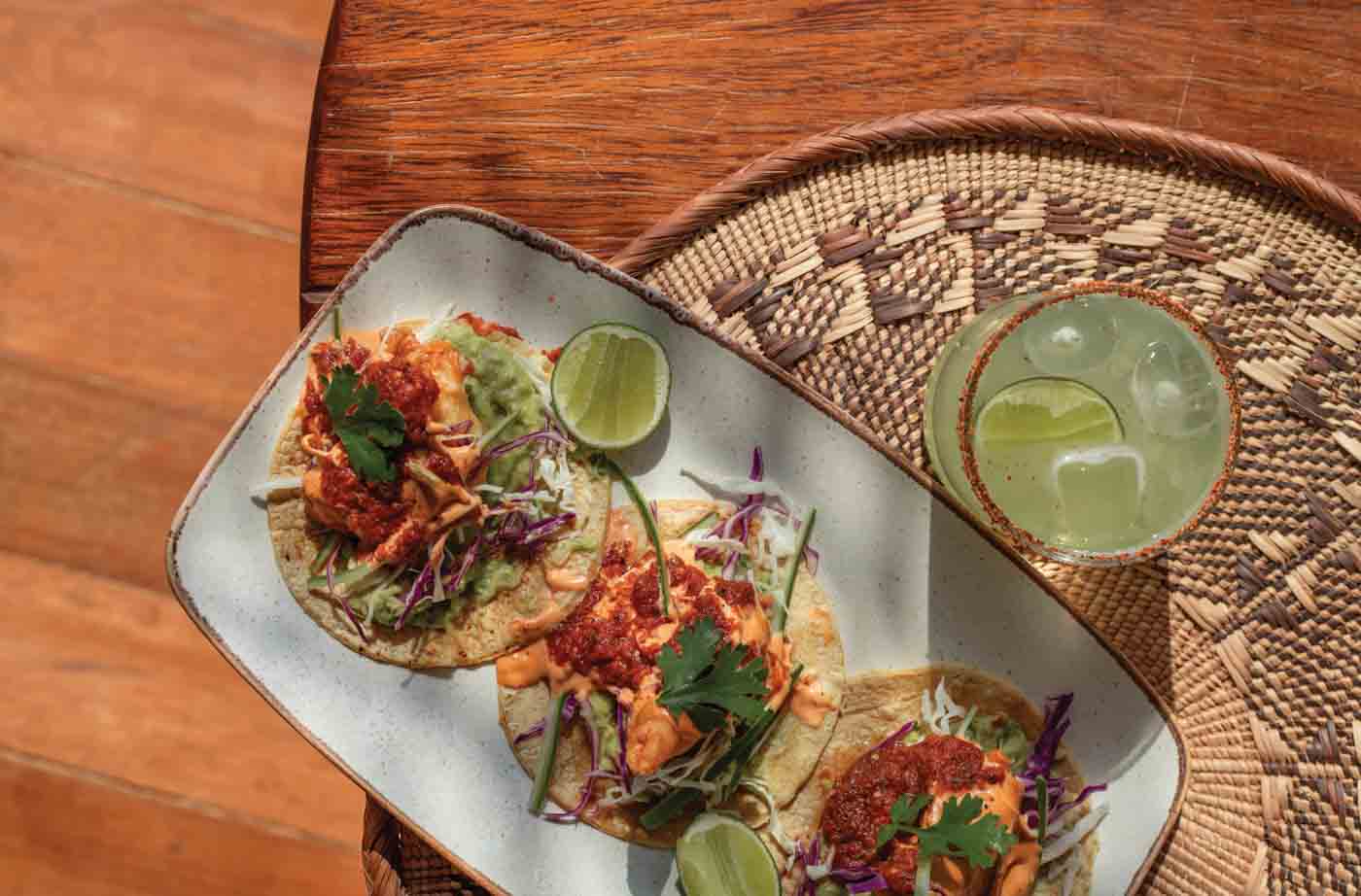 Mexican Prawn Seafood Tacos Served With Margarita Cocktail Drink, Lime, Avocado Guacamole, Cilantro And Salad In Sunny Tulum Restaurant