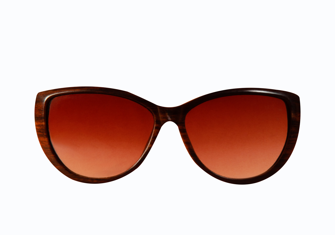 Sunglasses In A Wooden Brown Frame With Orange Glasses.