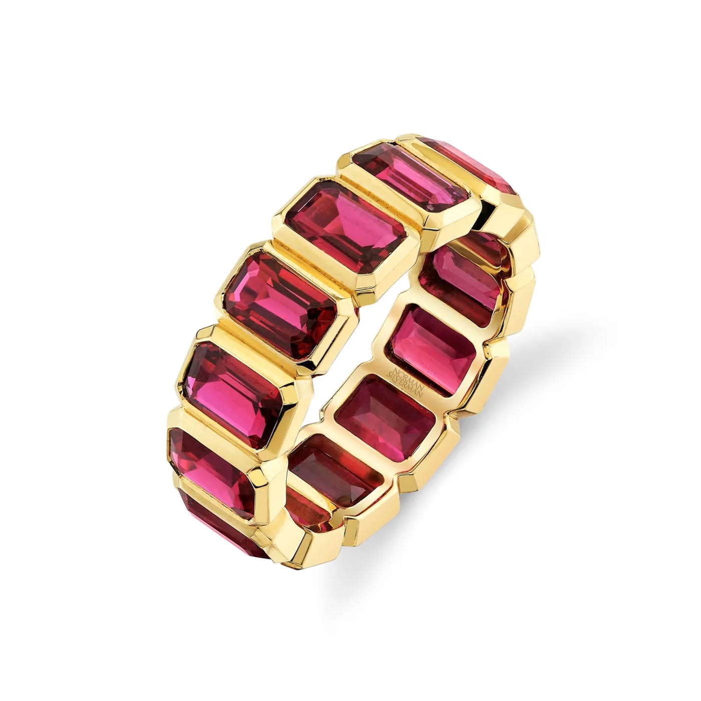 Norman Silverman 18k Yellow Gold Emerald Cut Ruby Bezel Eternity Band