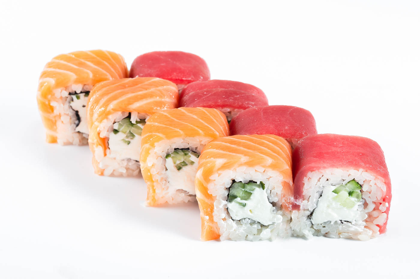 Philadelphia With Red Fish And Salmon Roll, Sushi, Home Style, Rustic, Handmade, On An Isolated White Background