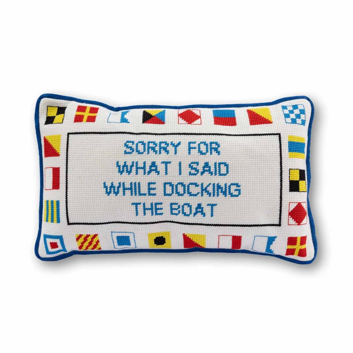 42 Docking Boat Neddlepoint Pillow, $98, Lilliealexanderboutique.com