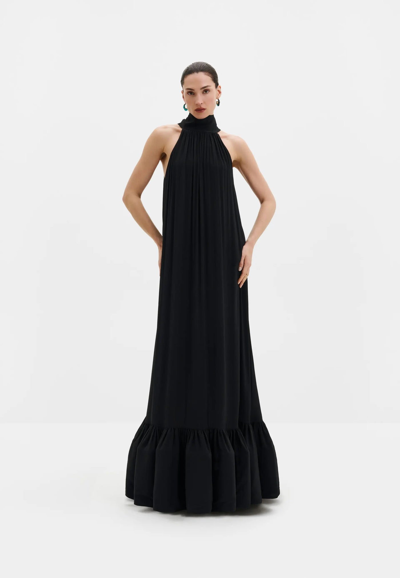 42 Malina Lykke Halterneck Ruffled Maxi Dress, $620, Lilliealexandeboutiquer.com